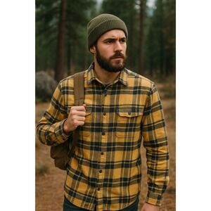 VTG American Eagle Shirt Men Medium Yellow Buffalo Plaid Flannel Cabincore Hiker